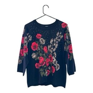 Vintage Y2K Era Rebecca Malone Black Sweater w/ Red Floral Rhinestone Design L
